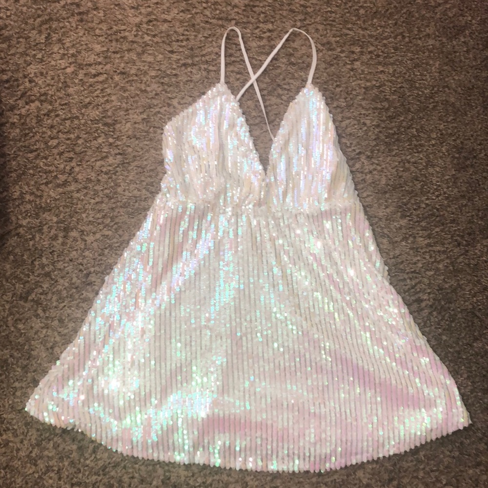 Colorful white sequence adjustable spaghetti strap dress. Comes without tags